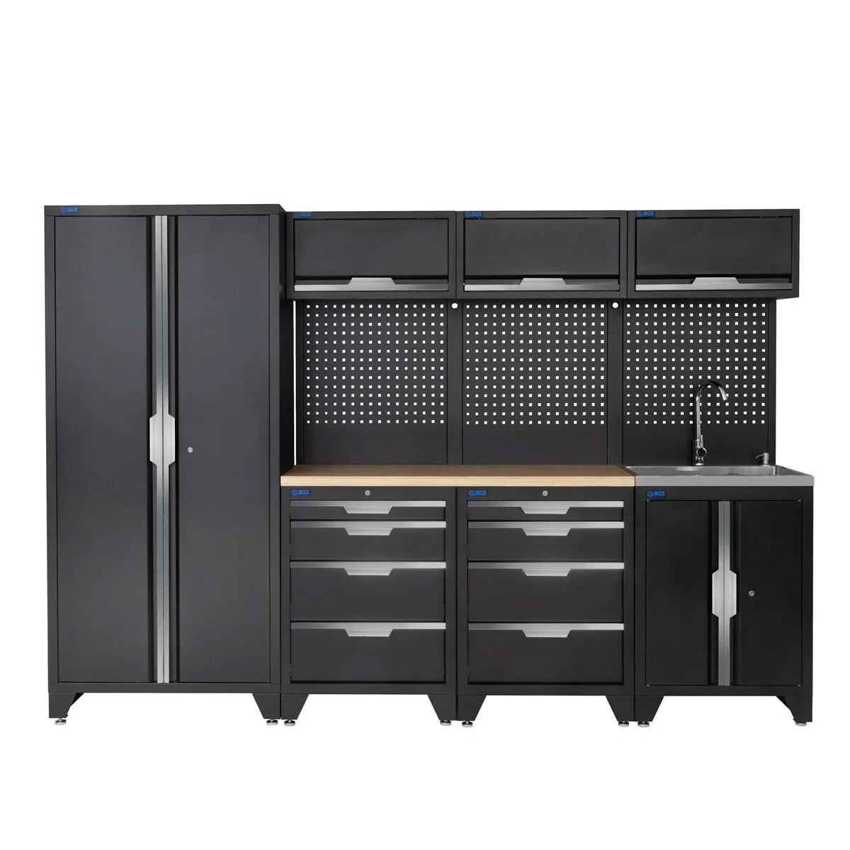 SGS 10pc Garage Storage System | 8 Drawers | Pressed Wood Worktop | Tall Double Cabinet | Sink Unit | 3x Upper Cabinets